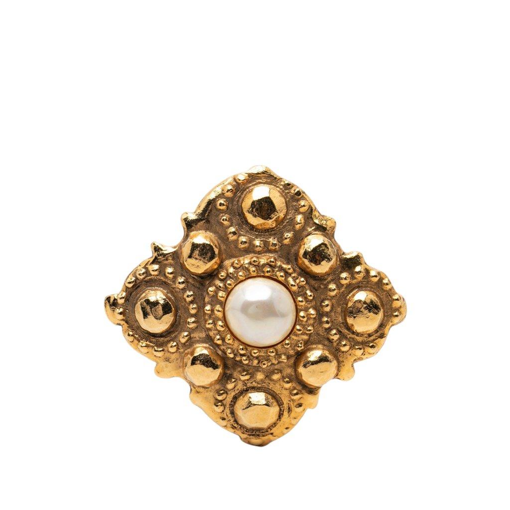 Chanel Gold Plated Rhombus Faux Pearl Brooch