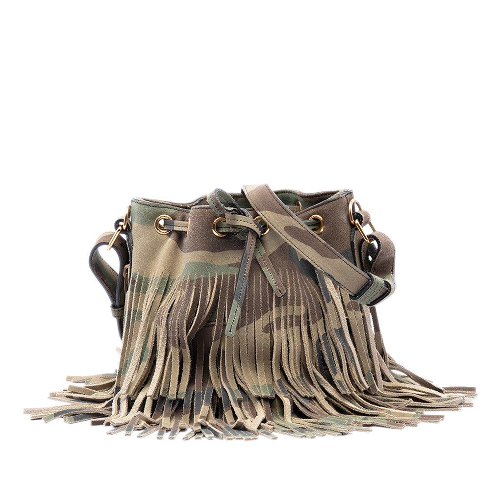 Saint Laurent Small Camouflage Print Suede Emmanuelle Fringe Bucket Bag