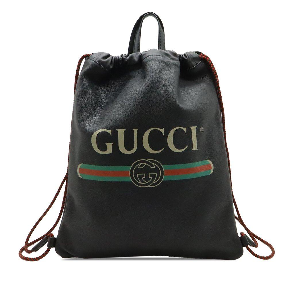 Gucci Grained Calfskin Web Logo Drawstring Backpack