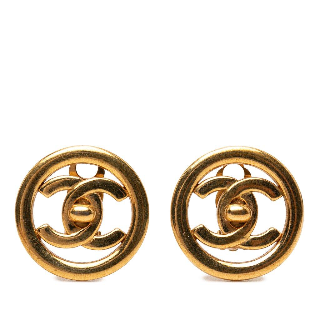 Chanel CC Gold Plated Turn Lock Round Clip On Earrings