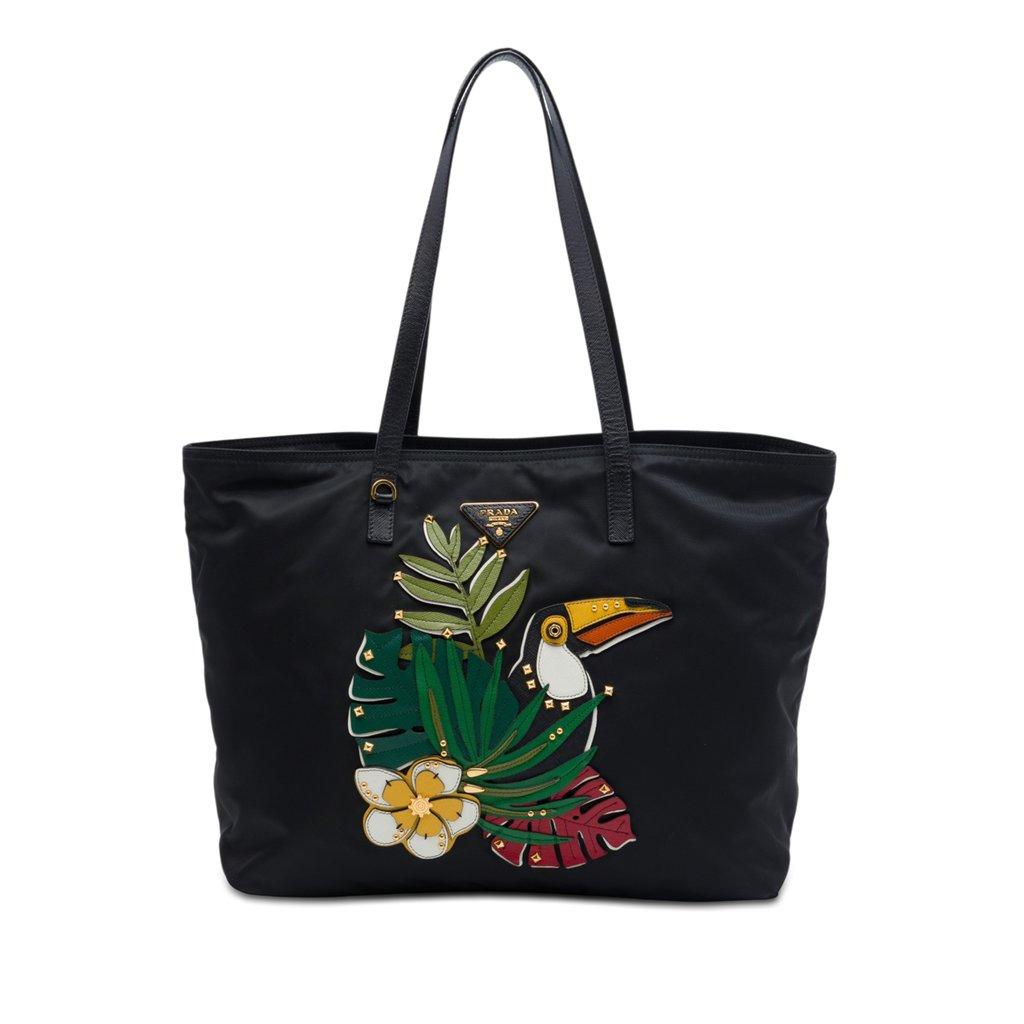 Prada Saffiano Trimmed Tessuto Parrot Applique Tote