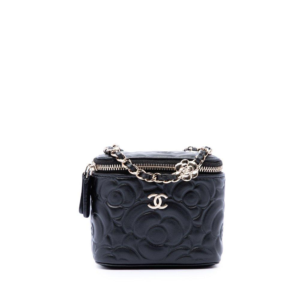 Chanel Mini Camellia Embossed Lambskin Vanity Case With Chain