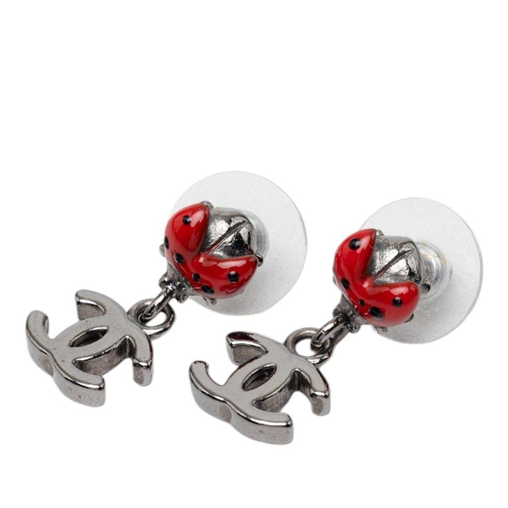 Chanel Brass and Enamel Lady Bug CC Drop Bullet Backs Earrings