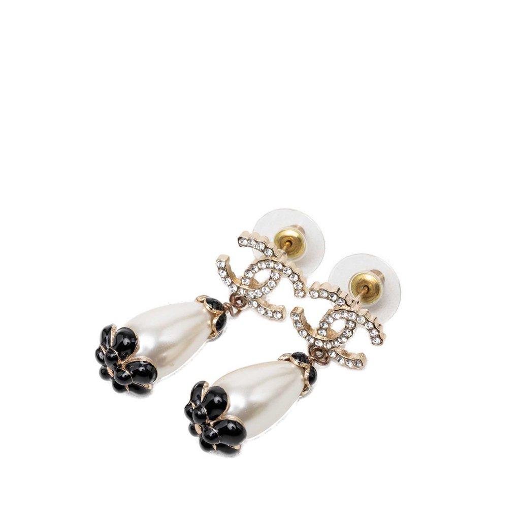 Chanel CC Gold Plated Strass Scalloped Faux Pearl Enamel Flower Dangling Bullet Back Earrings