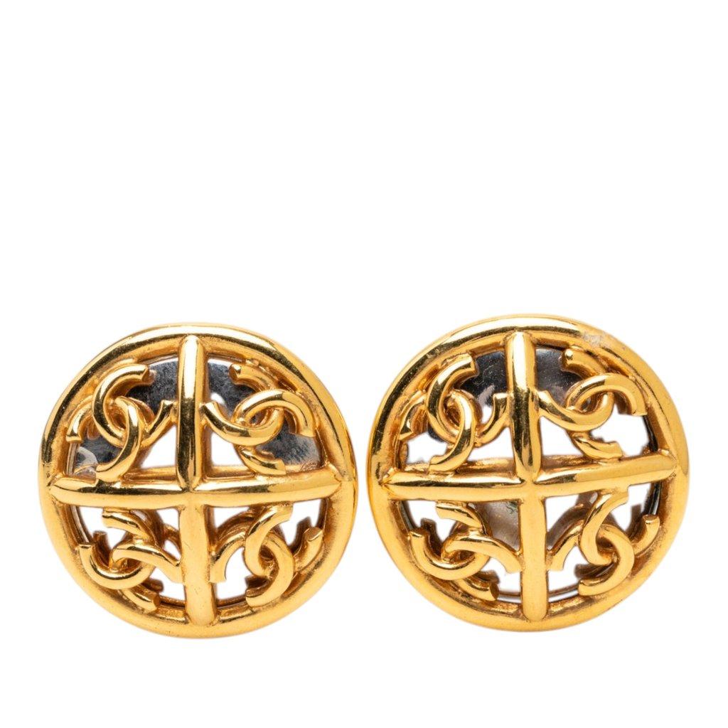 Chanel CC Gold Plated Round Mirror Clip On Earrings