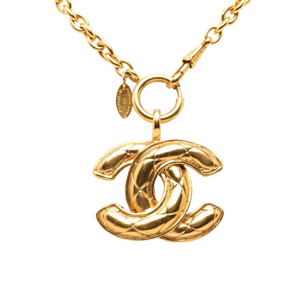 Chanel CC Gold Plated Quilted Pendant Necklace