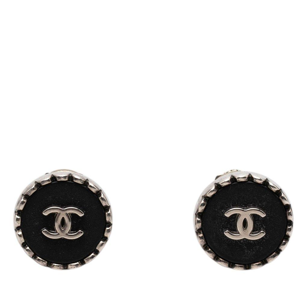 Chanel CC Brass Enamel Button Clip on Earrings