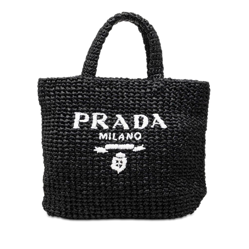 Prada Small Raffia Effect Crochet Embroidered Logo Tote