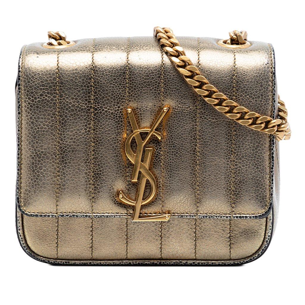 Saint Laurent Small Metallic Grain De Poudre Monogram Vicky Chain Bag