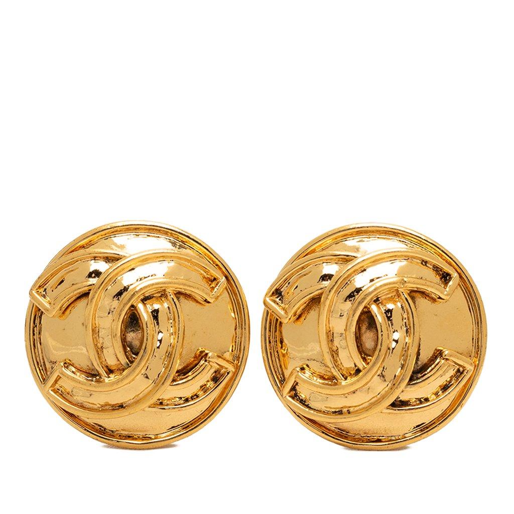 Chanel CC Gold Plated Button Clip On Earrings