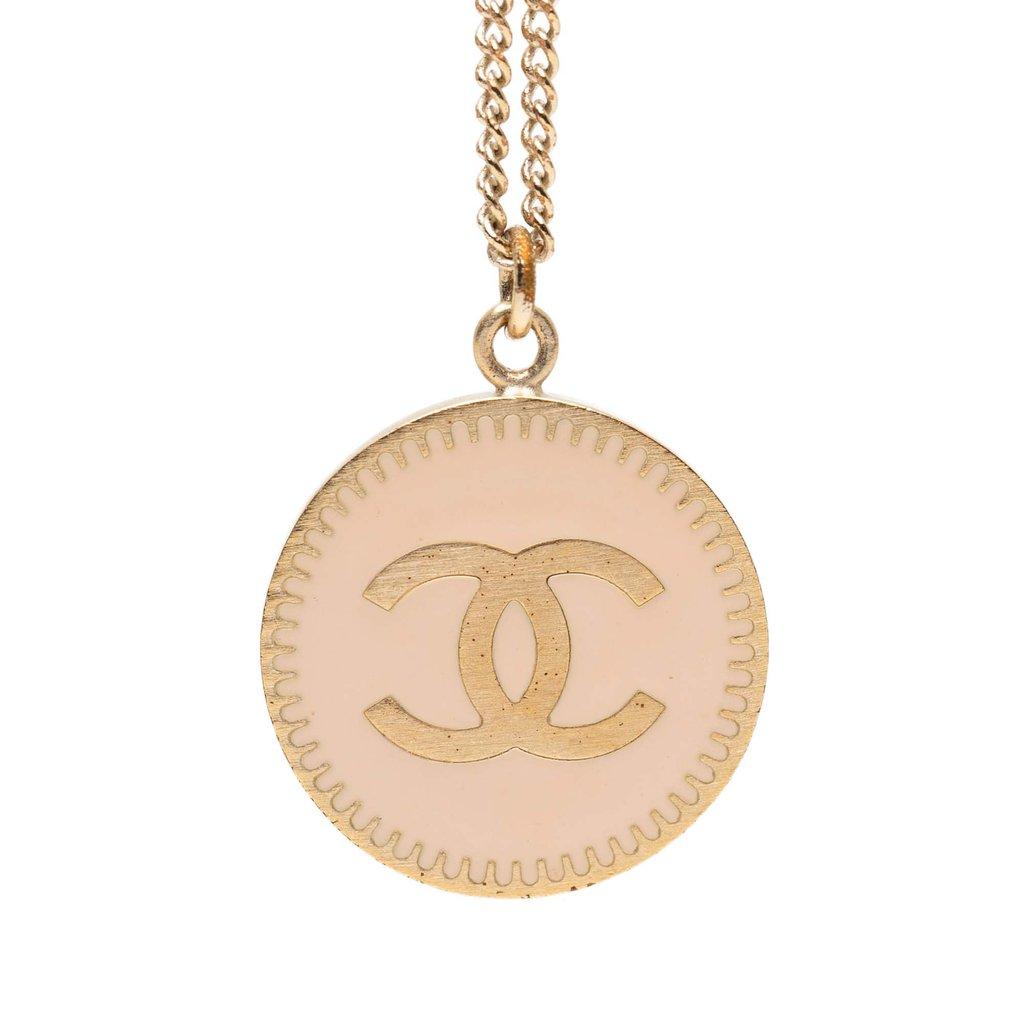 Chanel CC Gold Plated Enamel Round Pendant Necklace