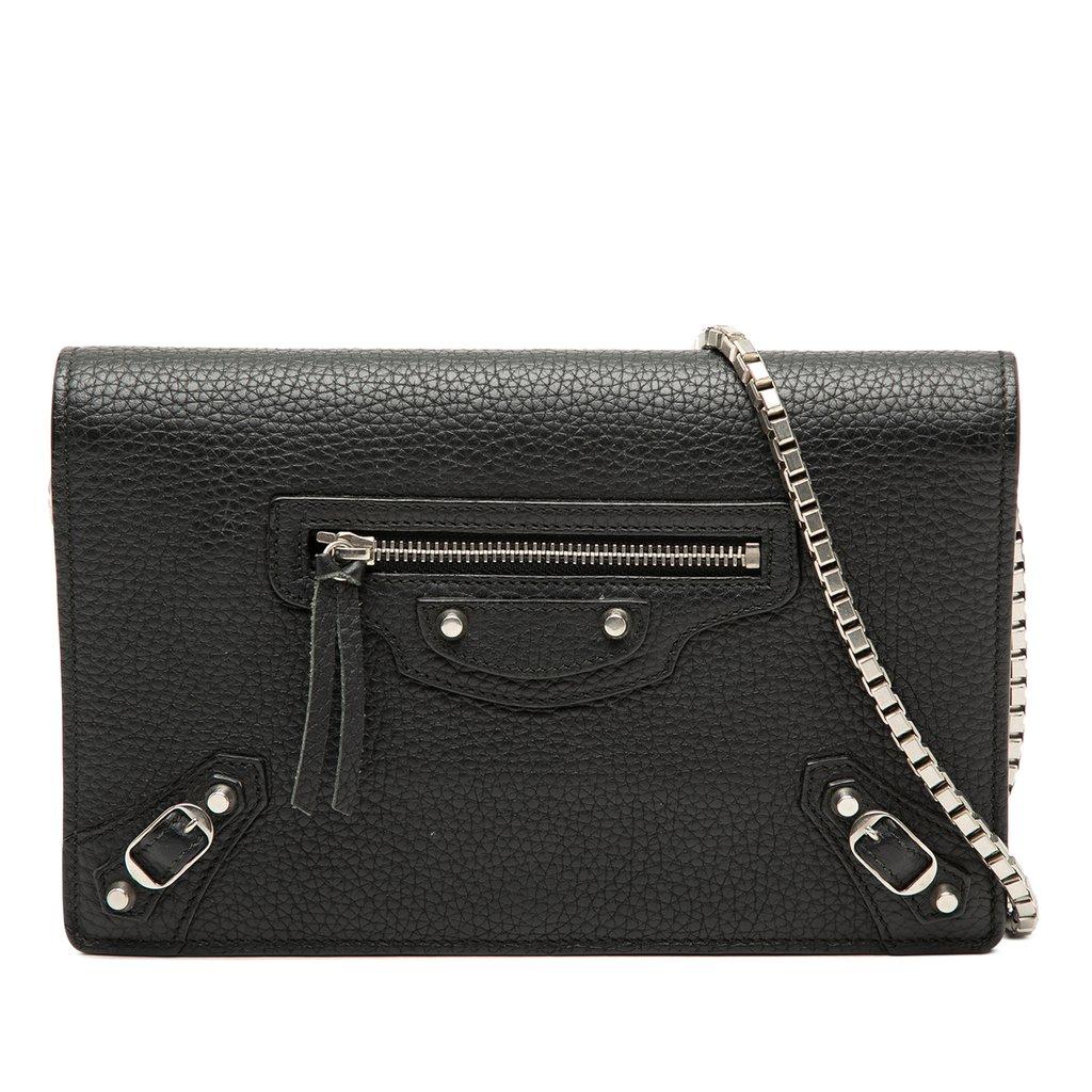 Balenciaga Leather Metal Plate City Wallet on Chain