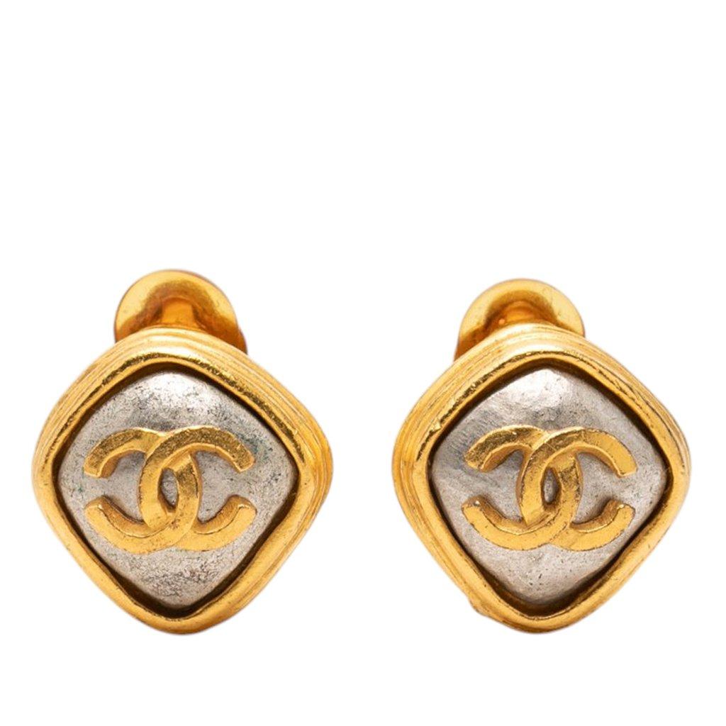 Chanel CC Gold and Silver Plated Rhombus Clip On Earrings