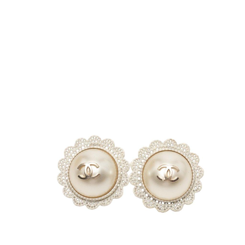 Chanel CC Gold Plated Faux Pearl Lace Push Back Earrings