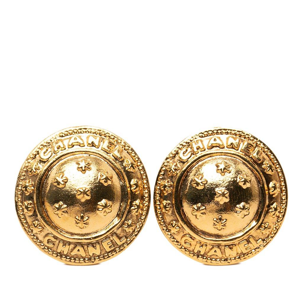 Chanel Gold Plated Logo Round Clip On Earrings
