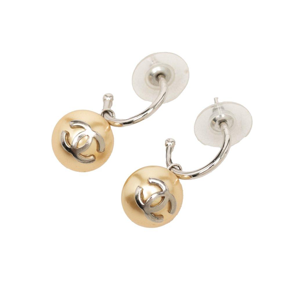 Chanel CC Brass Faux Pearl Hoop Bullet Back Earrings.