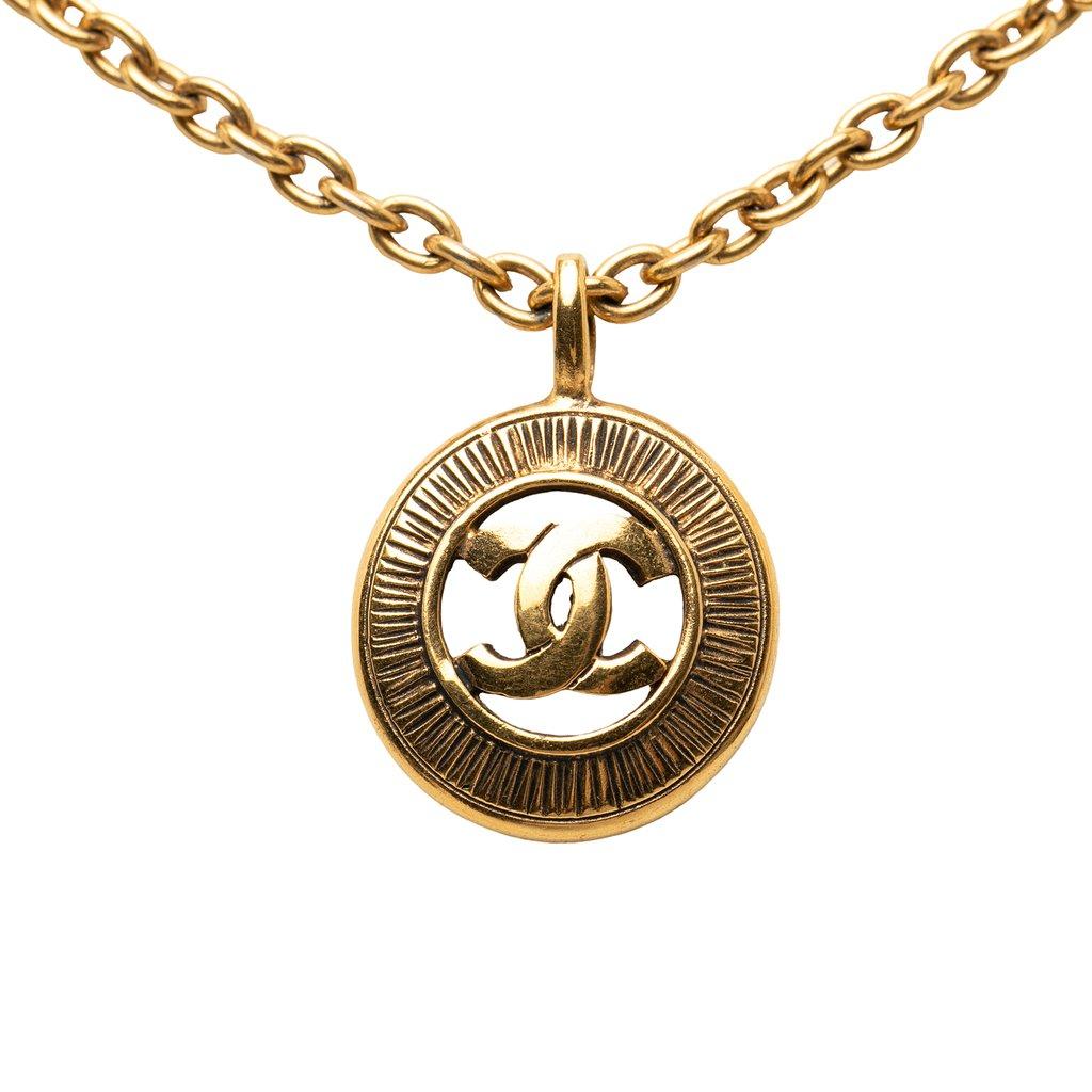 Chanel CC Gold Plated Sunburst Medallion Pendant Necklace