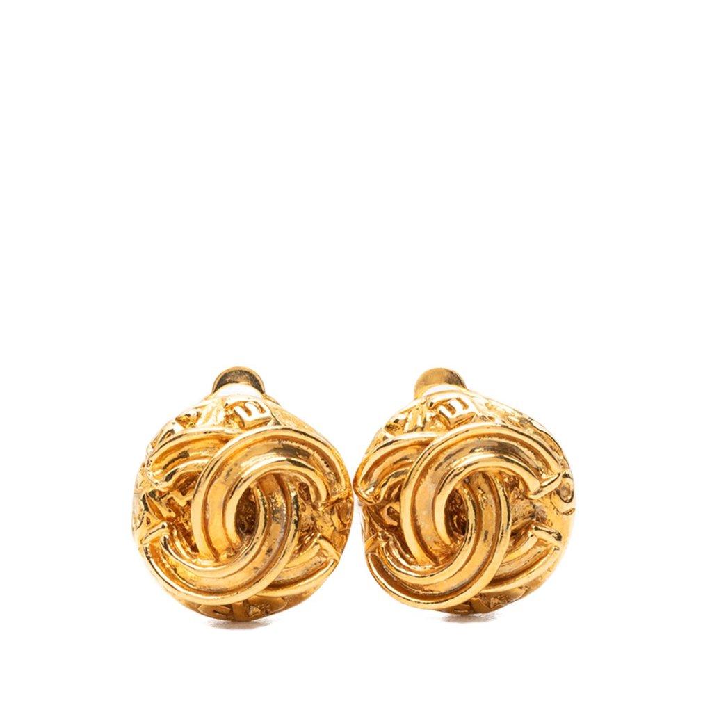 Chanel CC Gold Plated Button Clip On Earrings