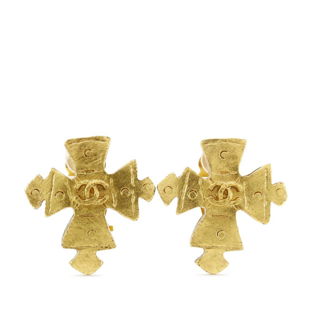 Chanel CC Gold Plated Cross Clip On Earrings