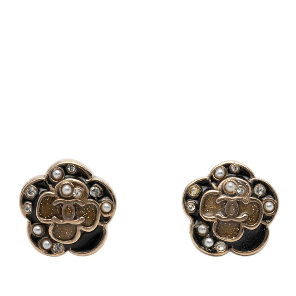 Chanel CC Brass Enamel Faux Pearl and Strass Flower Earrings