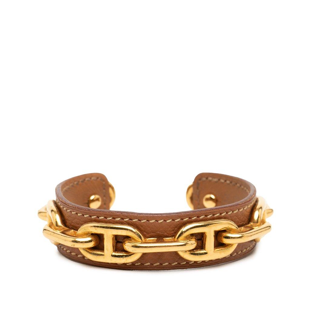 Hermès Leather and Gold Plated Chaine d Ancre Cuff Bracelet