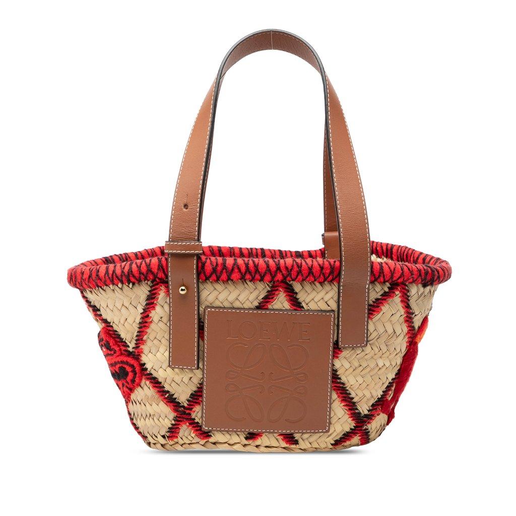 LOEWE Small Raffia Animal Embroidered Anagram Basket Tote