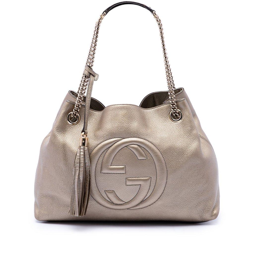 Gucci حقيبة تسوق متوسطة الحجم من جلد العجل المعدني بسلسلة سوهو