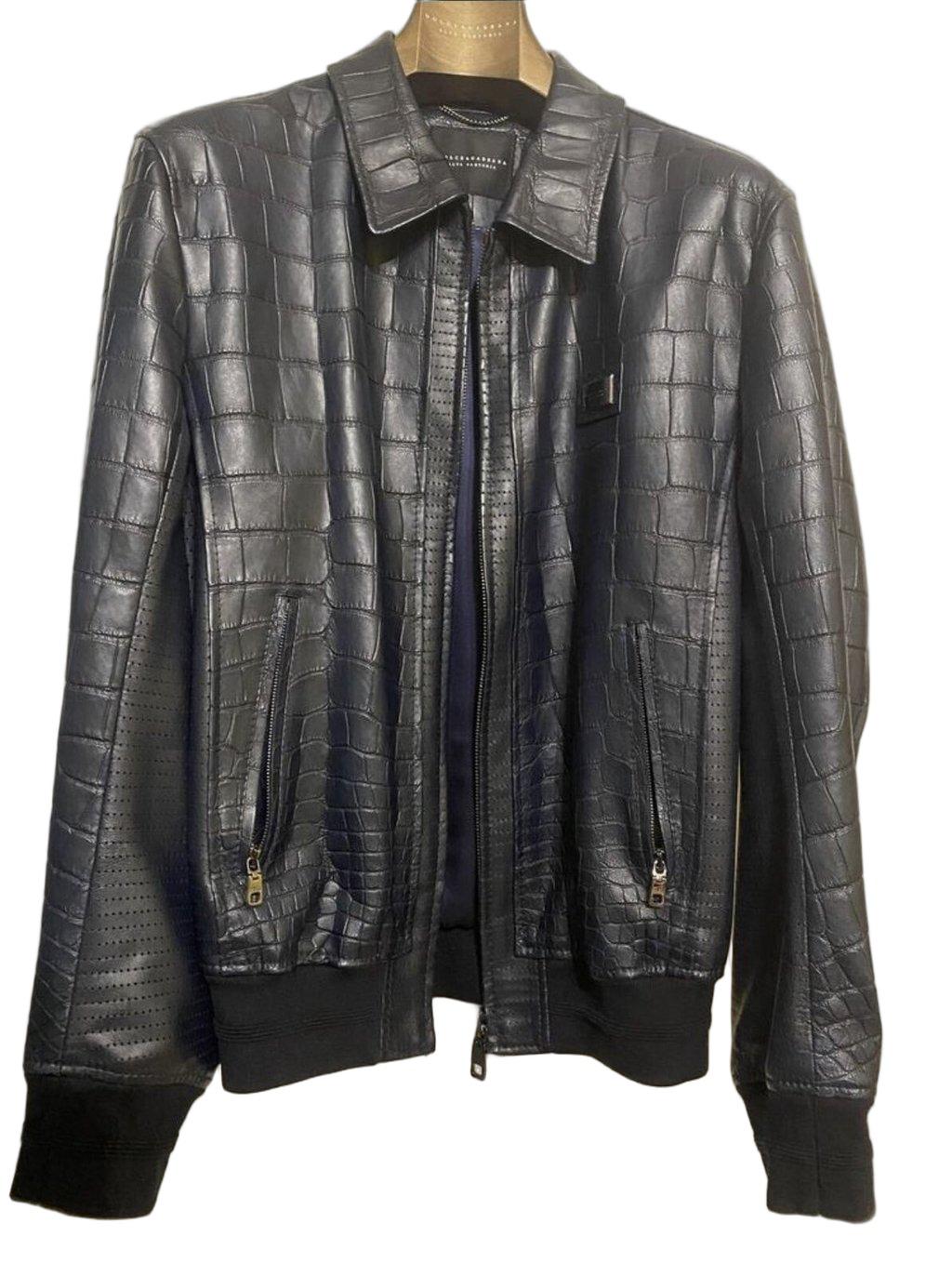 Dolce & Gabbana Dolce and Gabbana Navy Crocodile Print Lambskin Bomber Jacket Sz.48-50 Pre-Owned