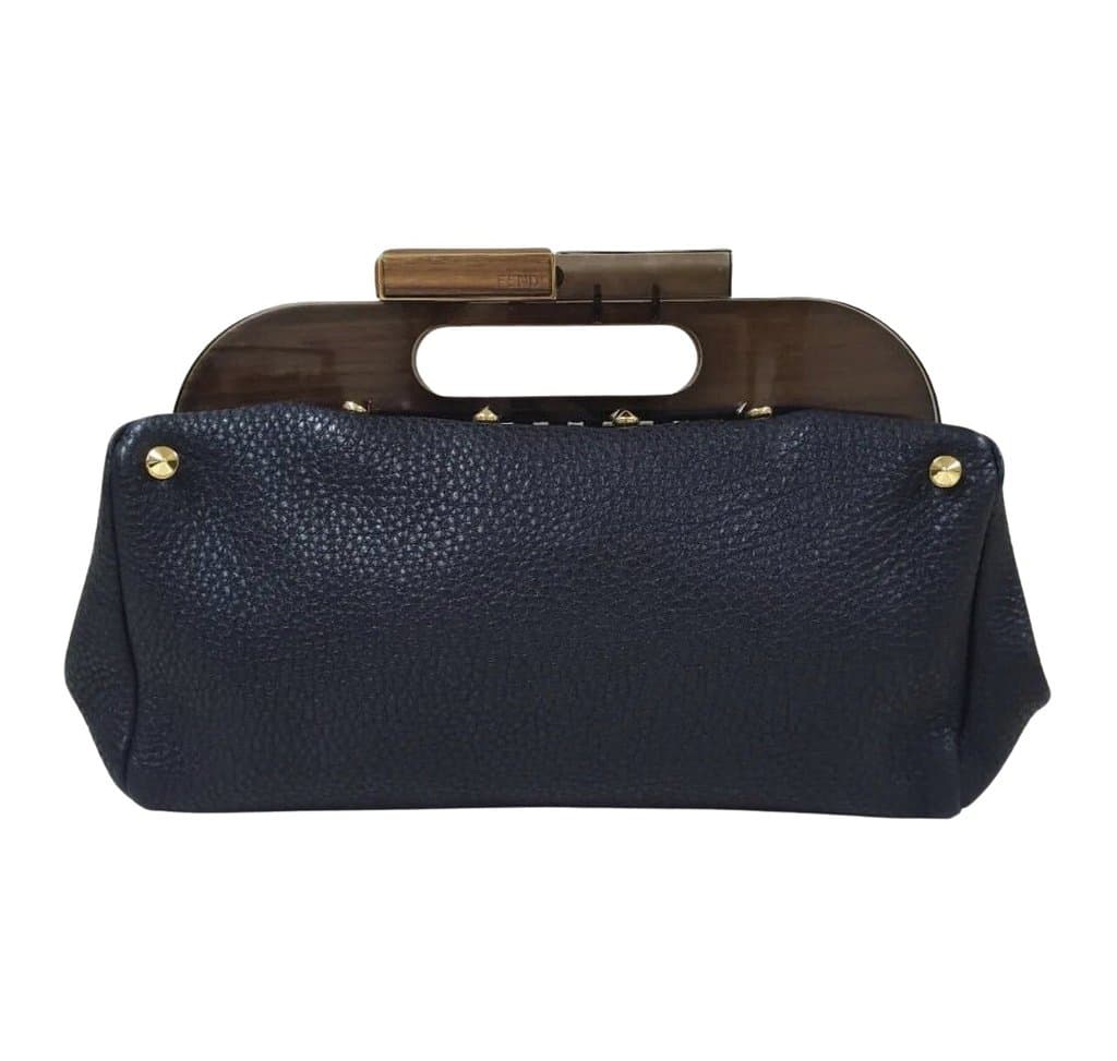 Fendi Fendi Black Leather Walnut Wood Handle Clutch Bag Pre-Owned