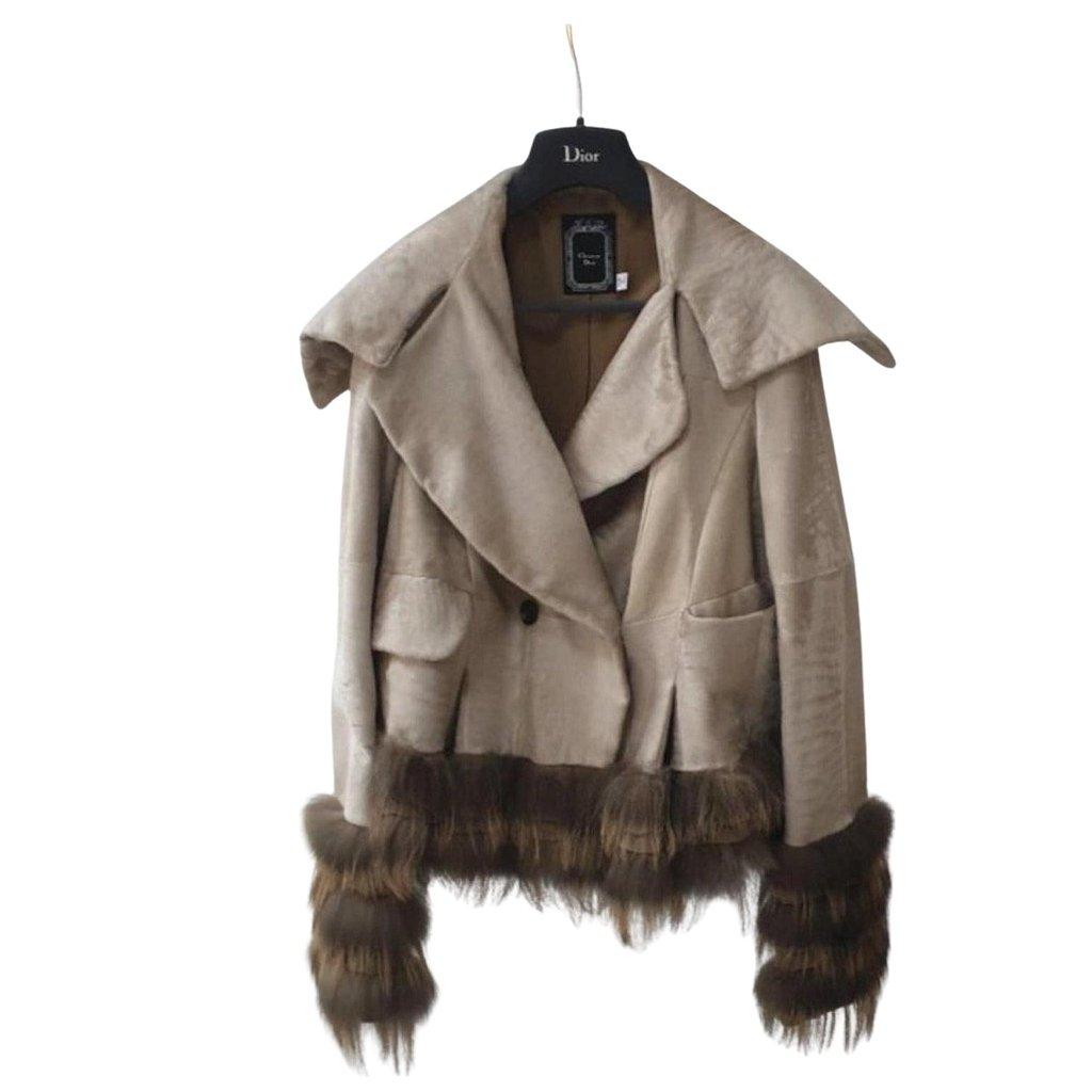 Christian Dior Christian Dior Beige Leather Faux Fox Trimmed Jacket Sz.36 Pre-owned