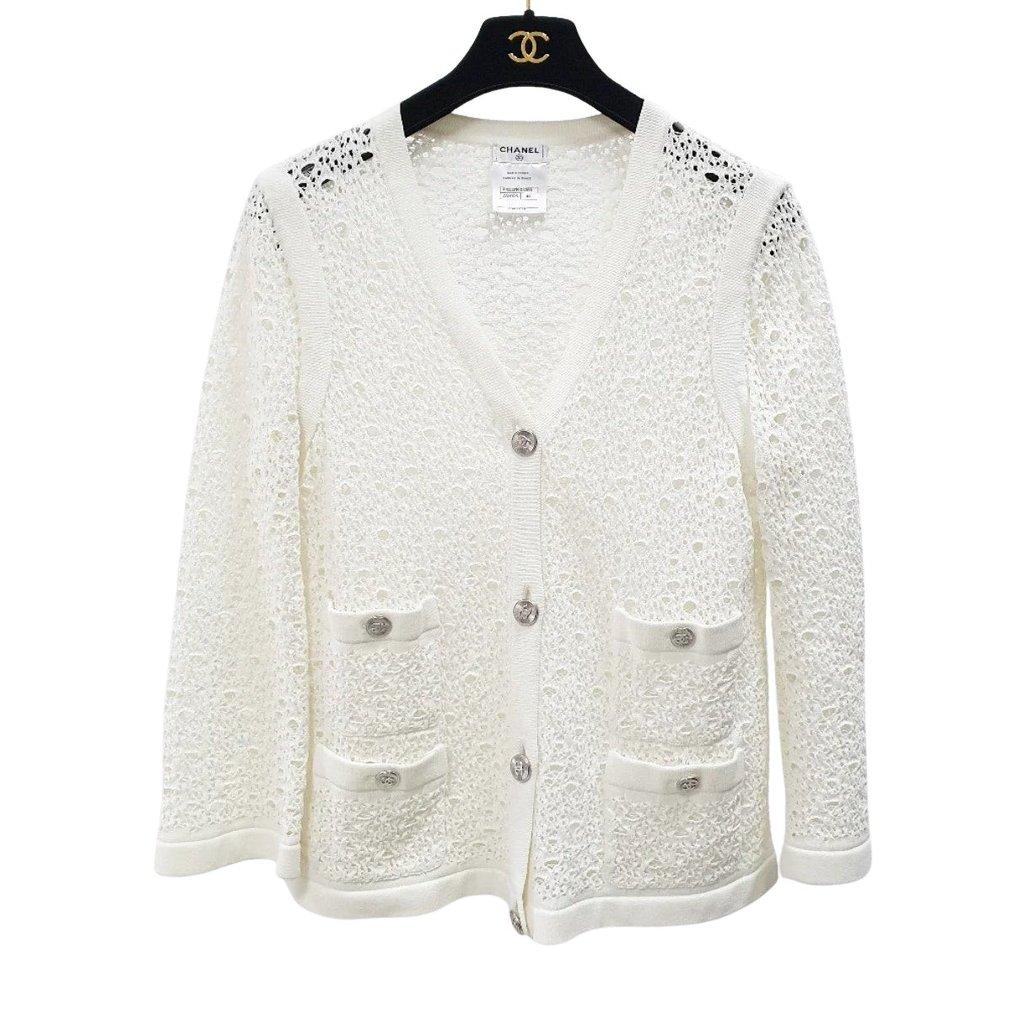 Chanel Chanel White Crochet Cotton Cardigan Button-Up Sz. 44 Pre-owned
