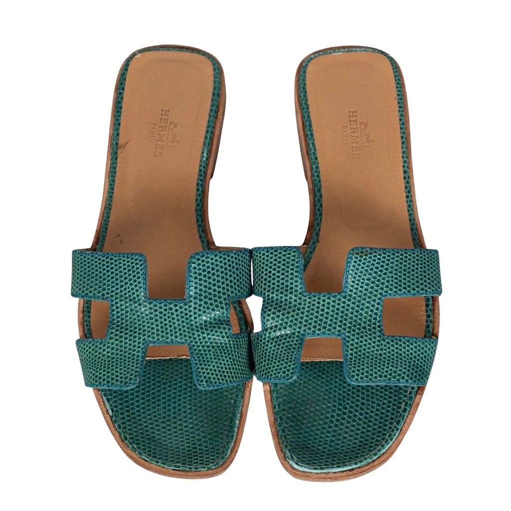 Hermès Hermès Oran Green Lizard Prinr Lambskin Leather Sandals - Size 37 Pre-owned