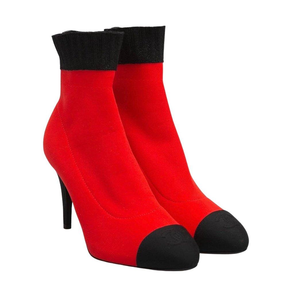 Chanel NWOB Chanel 2019 Red & Black Knit Sock Booties, Size 41 pre-owned