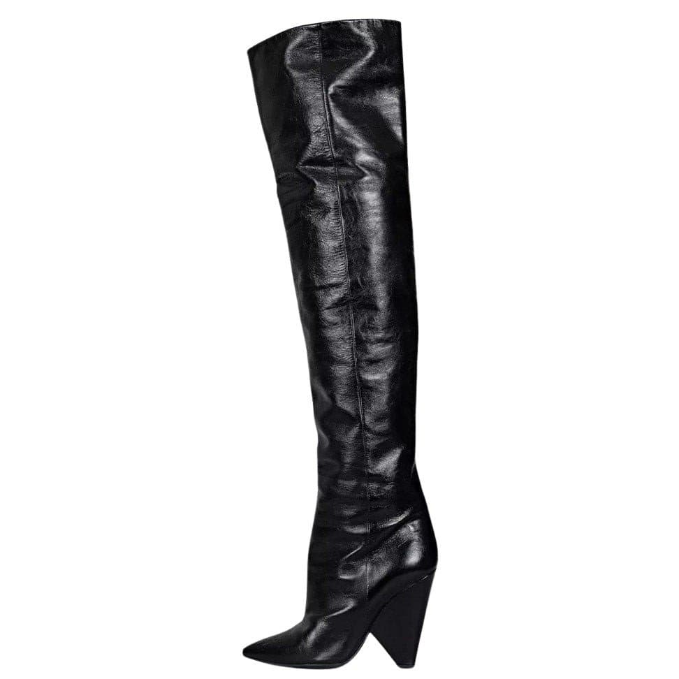 Saint Laurent Saint Laurent Niki Black Leather Wedge Over-the-Knee Boots Sz.38