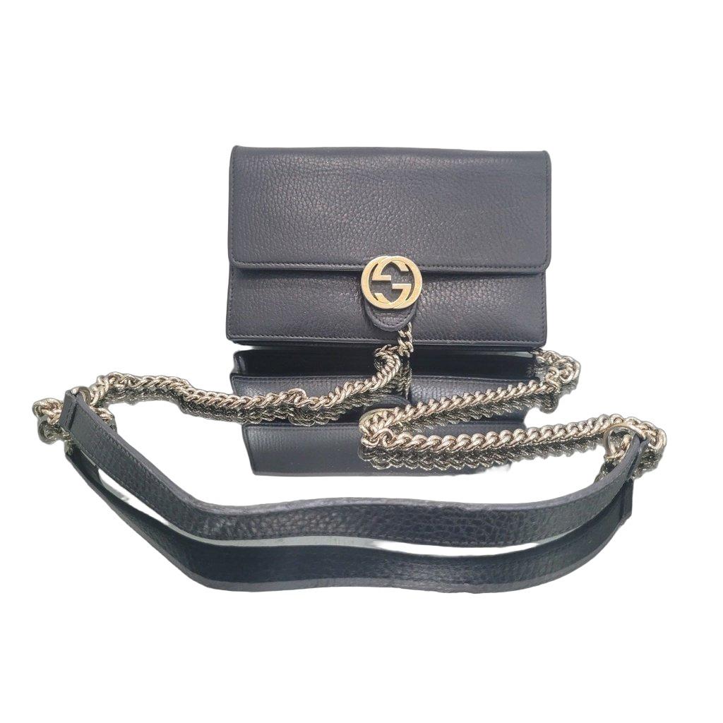 Gucci Gucci Interlocking G Black Leather Wallet on Chain Pre-owned