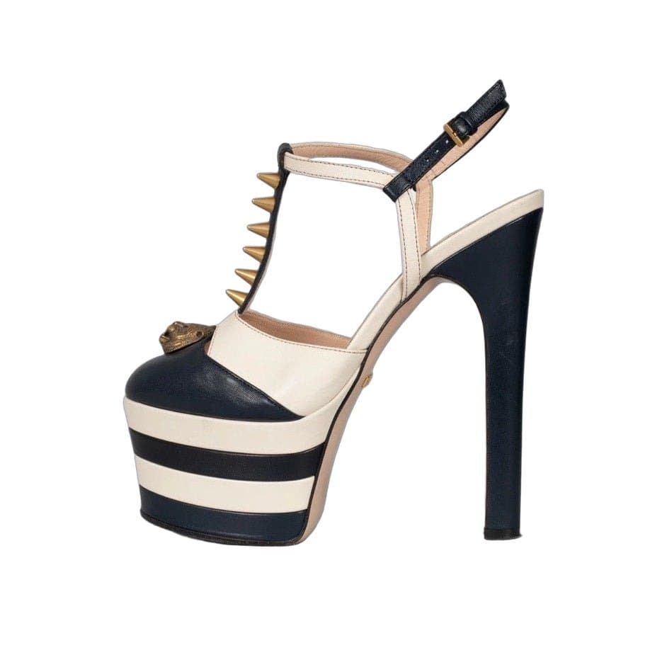 Gucci Gucci Blue Leather Block Heels with Gold Studs, Size 36 pre-owned