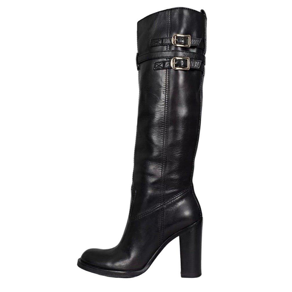 Gucci Gucci Black Leather Round Toe Stacked Heel Boots Sz.39.5 Pre-owned