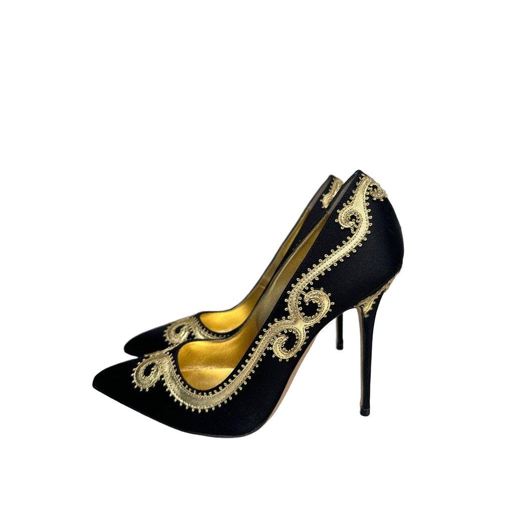 Manolo Blahnik Manolo Blahnik Black & Gold Paisley Satin Pumps - Size 39 Pre-owned