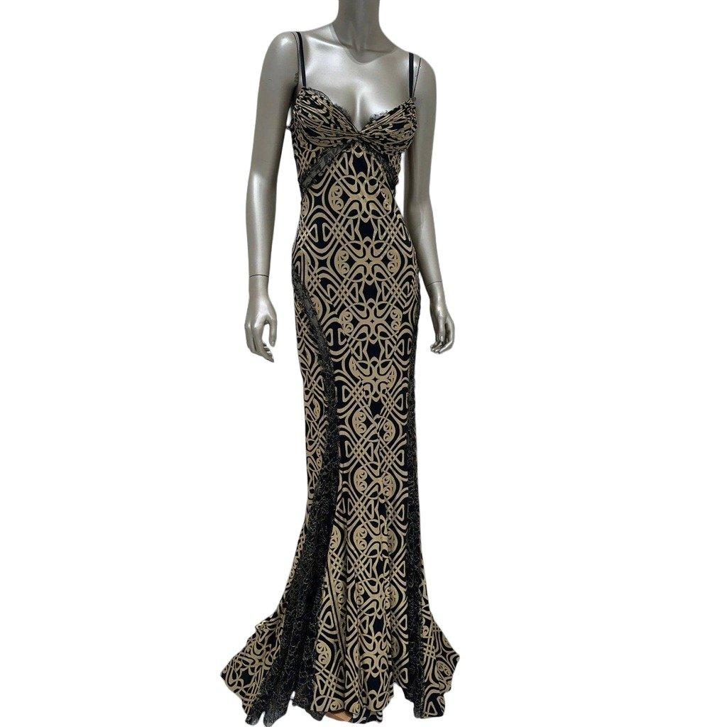 Roberto Cavalli Roberto Cavalli Black & Gold Print Silk Maxi Dress Sz 38 Pre-owned