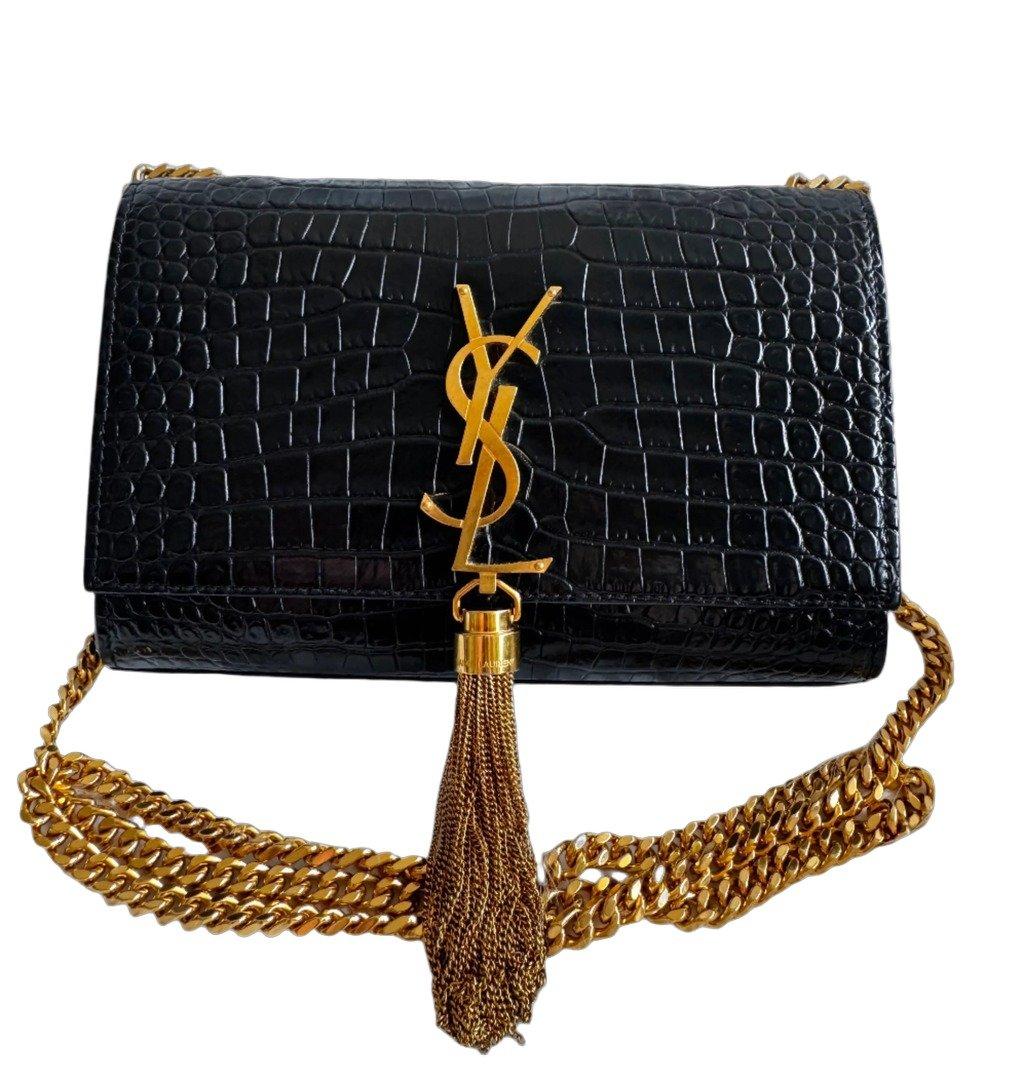 Saint Laurent Kate Small Tassel Croc Embossed Leather Black Shoulder Bag