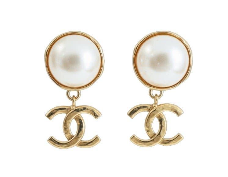 Chanel CC Logo Coco Mark Pearl Drop Earrings