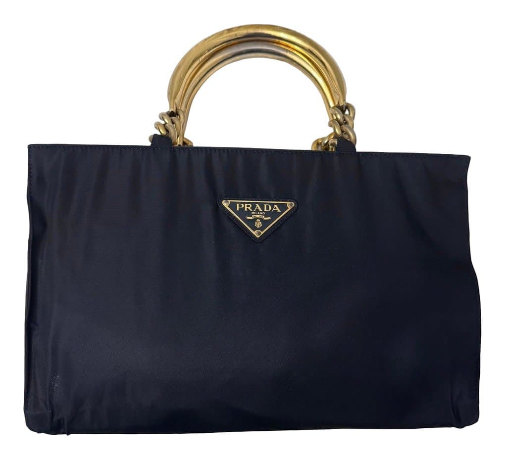 Prada Tessuto Navy Blue Metal Handle Handbag