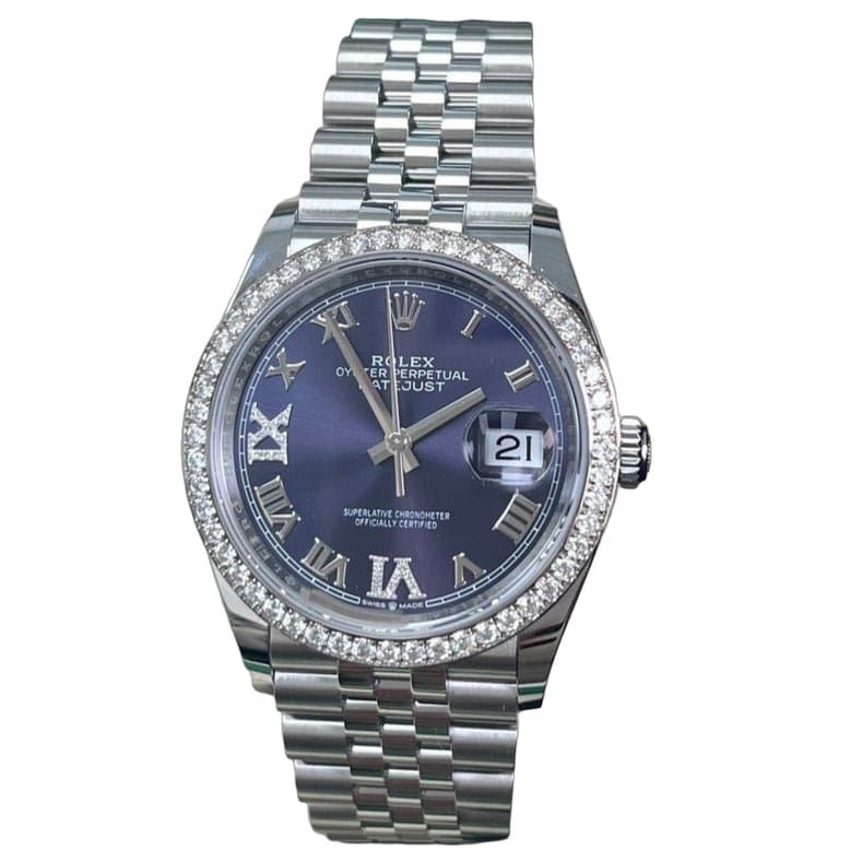 Rolex Steel Datejust 36 Watch - Diamond Bezel - Aubergine Purple Diamond Roman VI and IX Dial - Jubilee Bracelet (Reference #126284rbr)