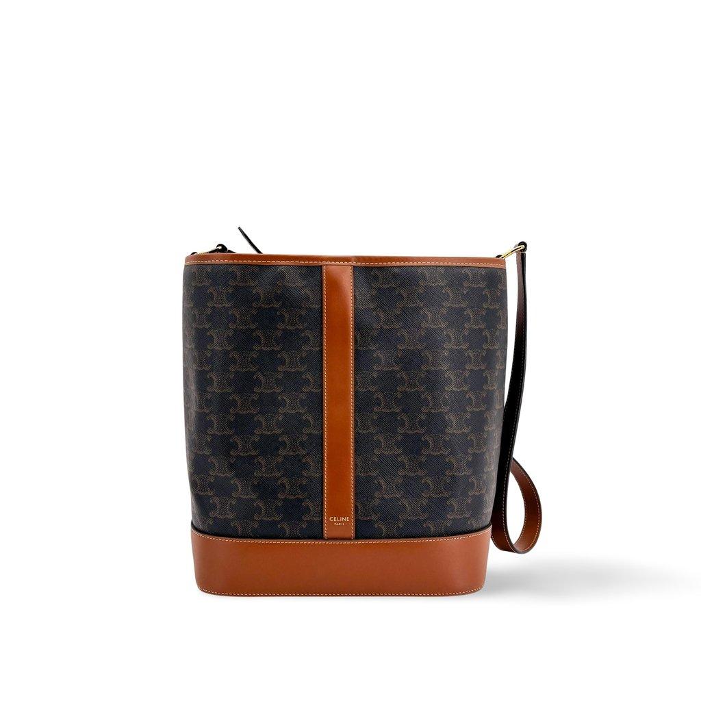 Celine Medium Bucket Bag in Triomphe Canvas and Calfskin Tan