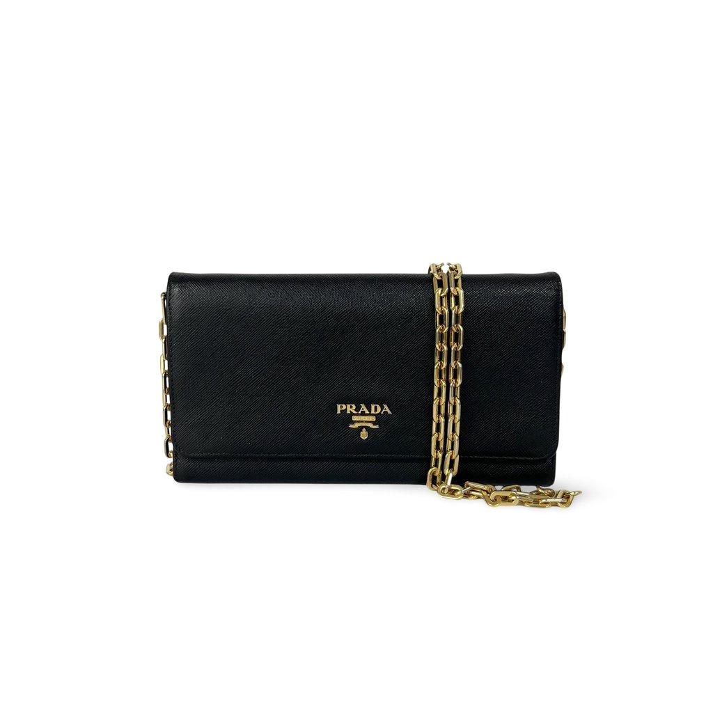 Prada Saffiano Leather Chain Wallet Black Gold Hardware