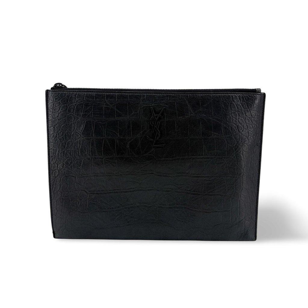 Saint Laurent Monogram Document Case Crocodile Embossed Black