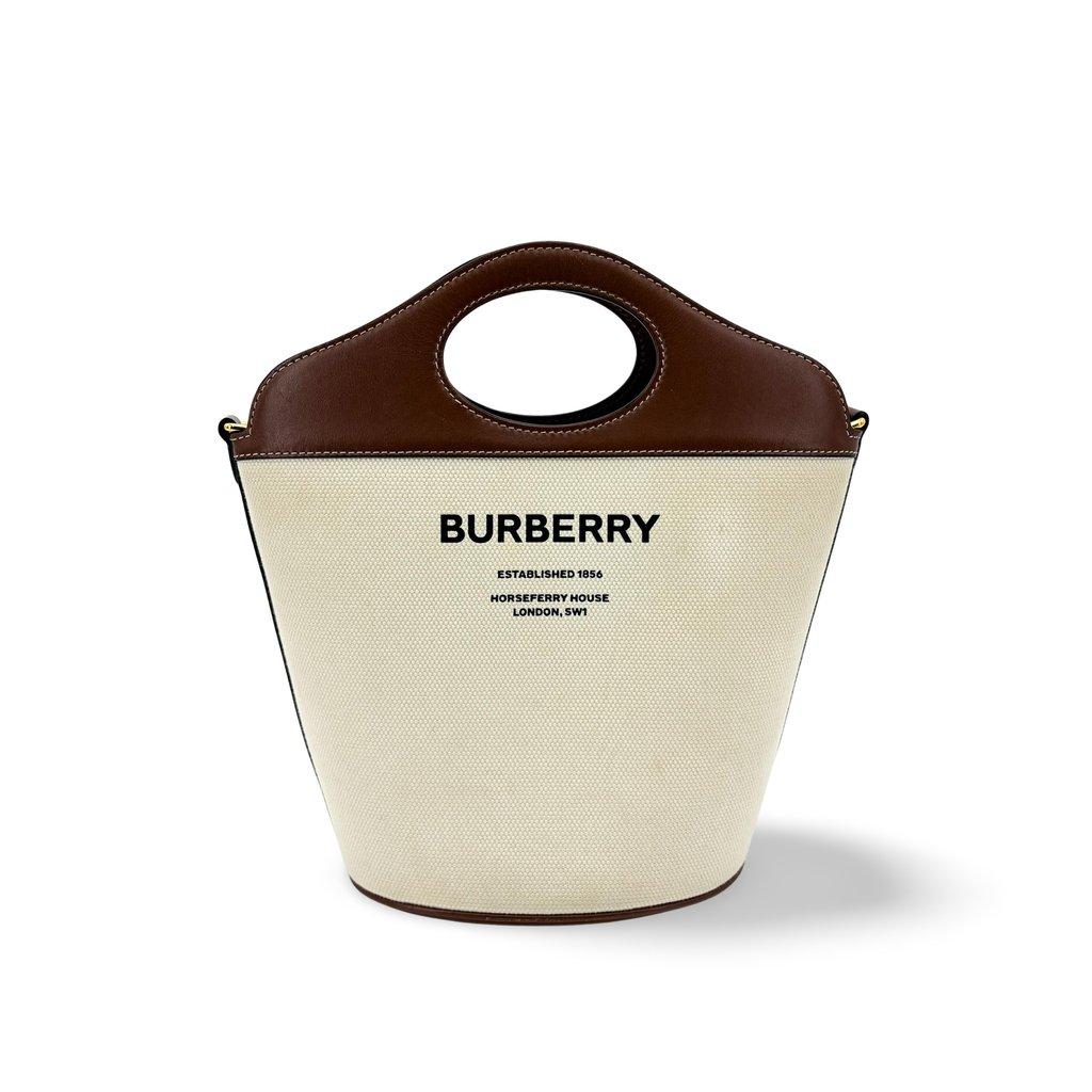 Burberry Small Canvas Leather Horseferry Print Pocket Bucket Bag Tan Natural