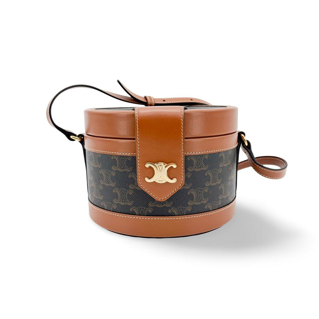Celine Triomphe Canvas and Calfskin Medium Tambour Bag Tan