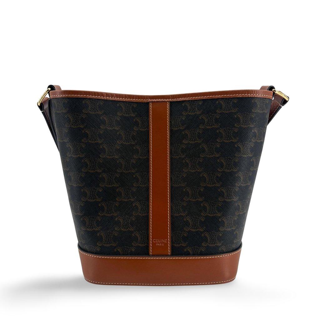 Celine Trionf Canvas & Calfskin Small Bucket Bag Tan