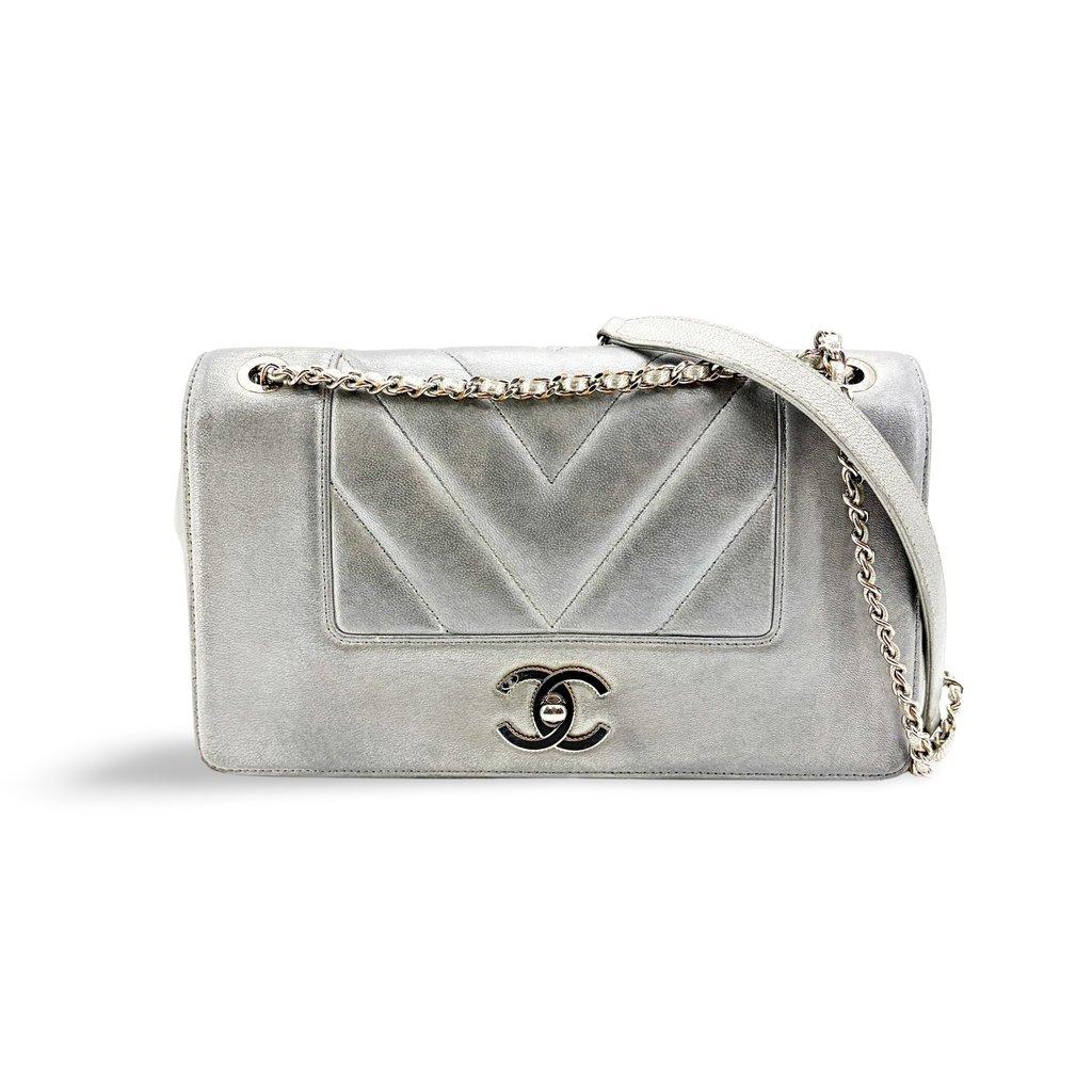 Chanel Chevron V-Stitch Metallic Flap Bag Silver Hardware